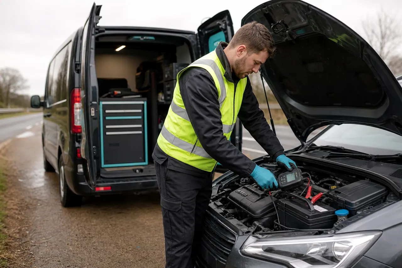 FastBreakdown roadside assistance technician helping a stranded driver