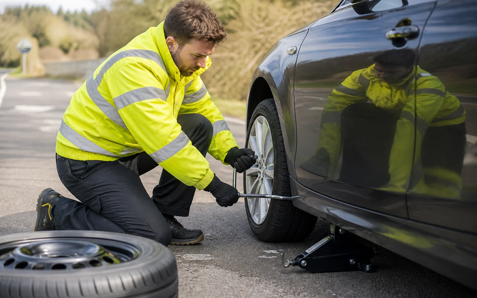 Mobile tyre fitting technician working on a vehicle in the UK